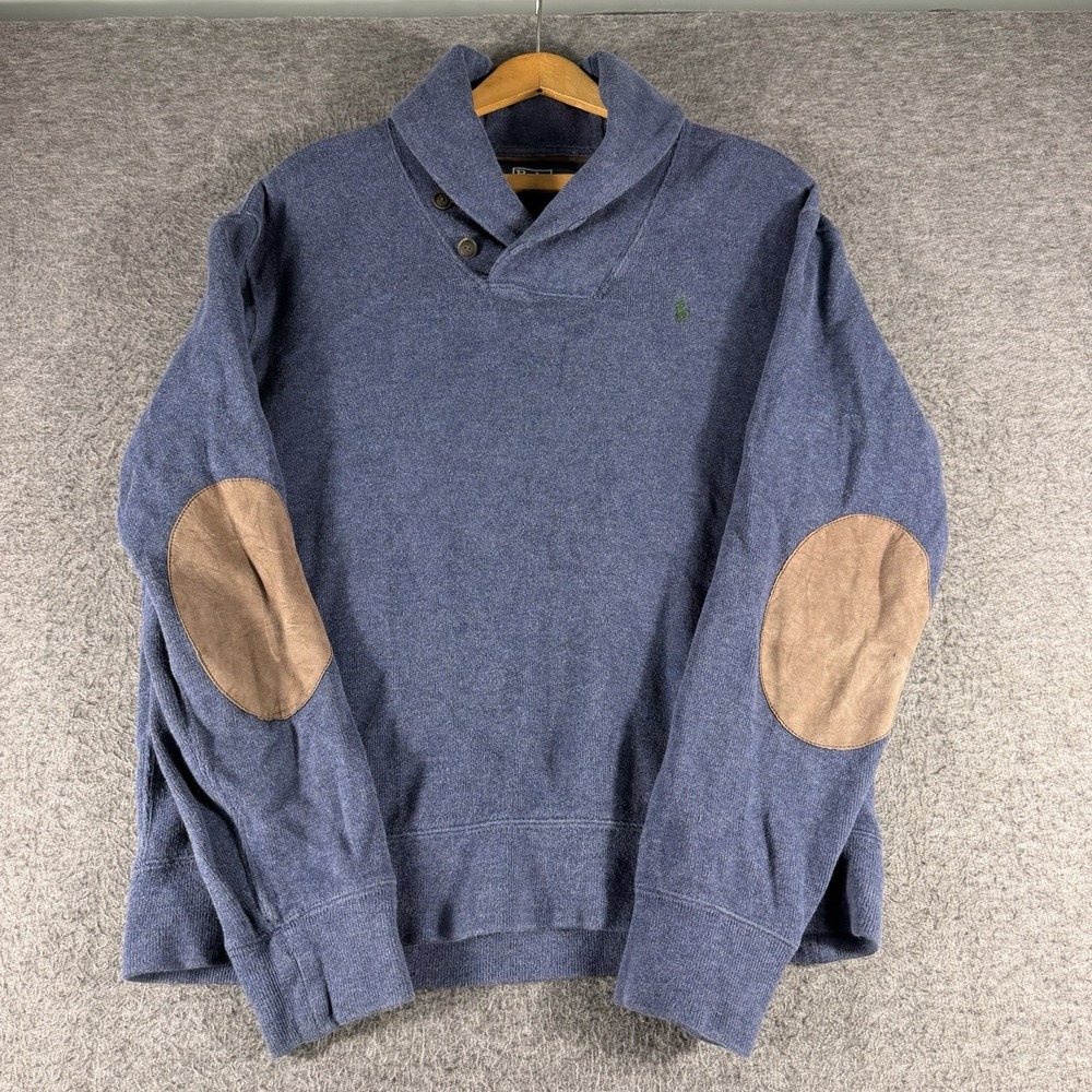 Polo Ralph Lauren Shawl Collar Pullover Sweatshirt Suede Elbow Patches Blue SZ M